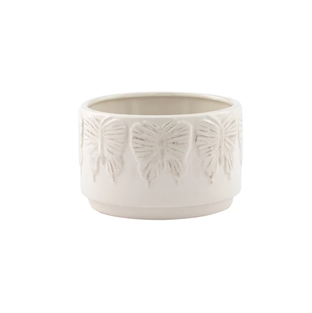 White Butterfly Pattern Ceramic Planter 5"