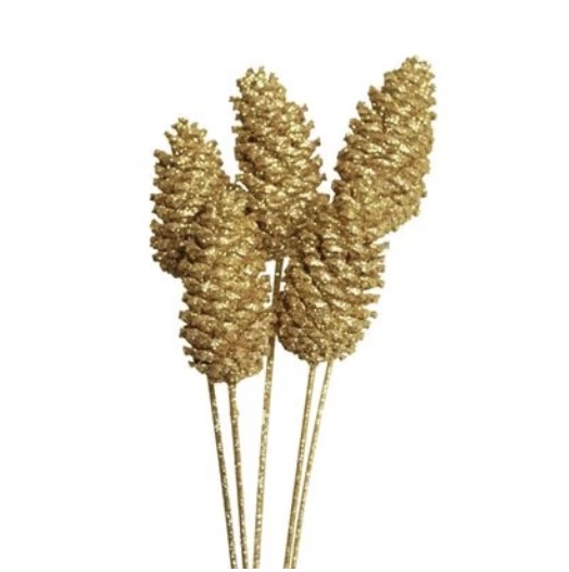 Gold Glitter Pine Cones 4�6" - 6 Stems
