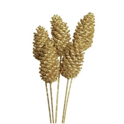 Gold Glitter Pine Cones 4�6" - 6 Stems