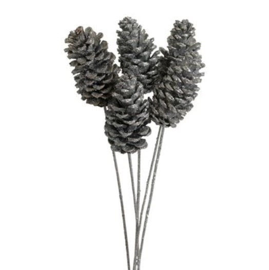 Silver Glitter Pine Cones 4�6" - 6 Stems