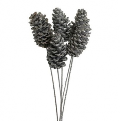Silver Glitter Pine Cones 4�6" - 6 Stems