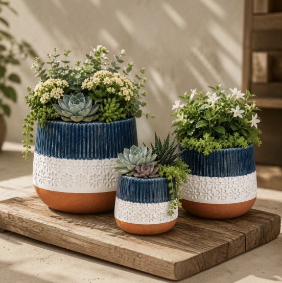 Blue Pepper over White Ivory Pot 14.6"