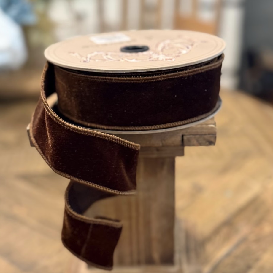 Brown Velvet Wired Ribbon with Dupion Back 1.5" x 10 Yards
