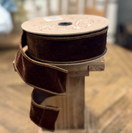 Brown Velvet Wired Ribbon with Dupion Back 1.5" x 10 Yards