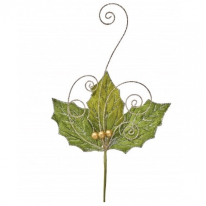 Green Gold Wire Scroll Holly Leaf and Berry Stem 23"