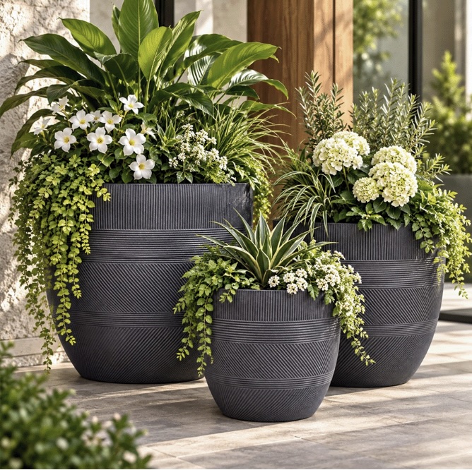 Hannah Varying Stripe Fiberclay Pots w/ Drain Hole - Black Wash&nbsp;&nbsp;17"W