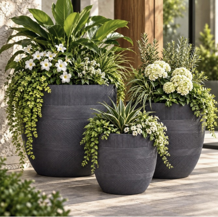 Hannah Varying Stripe Fiberclay Pots w/ Drain Hole - Black Wash&nbsp;&nbsp;17"W