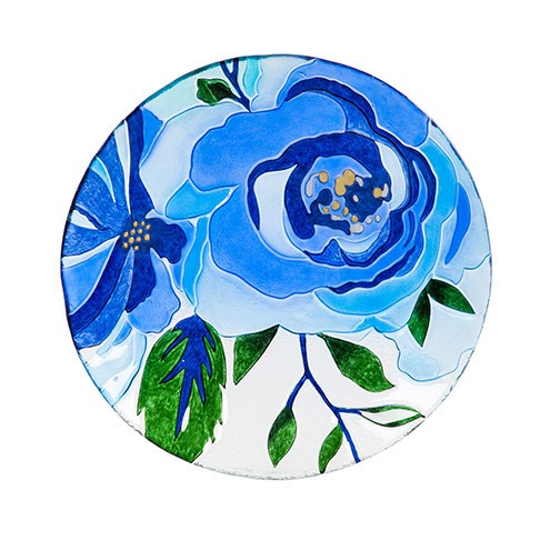 BIRDBATH, GLASS BLUE BLOSSOM 18"