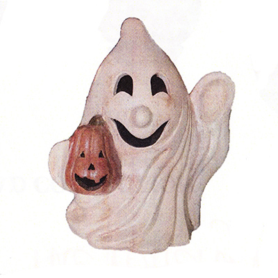 Jolly Waving Ghost holding a Pumpkin