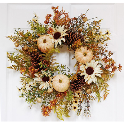 Cream Pumpkin & Sunflower Wreath. 