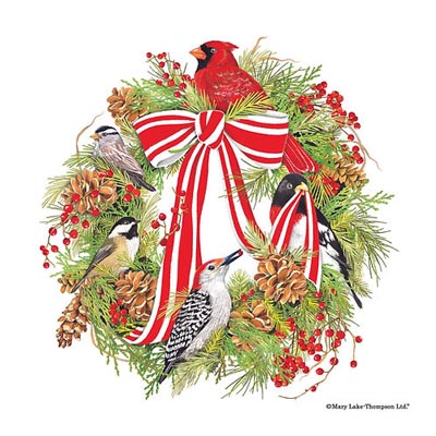 PILLOW, 18X18 BIRDS IN WREATH