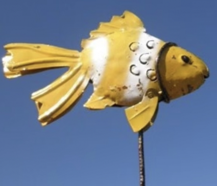 Whimsical Yellow & White Metal Fish Garden Stake