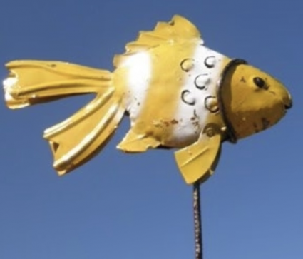 Whimsical Yellow & White Metal Fish on a Stake