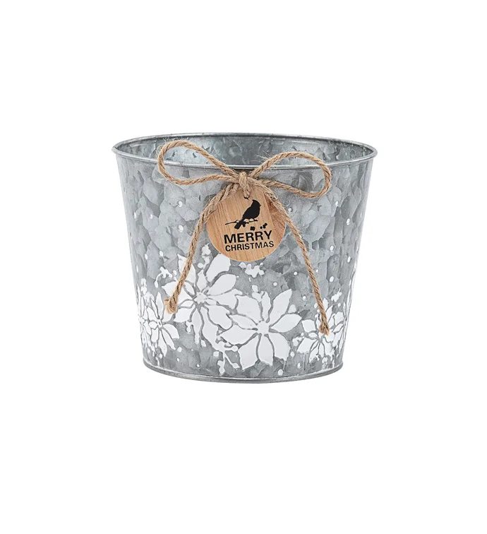 Metal Pot with White Embossed Poinsettias