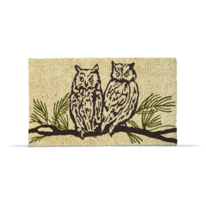 Wild Owls Sitting On A Pine Branch Door Mat