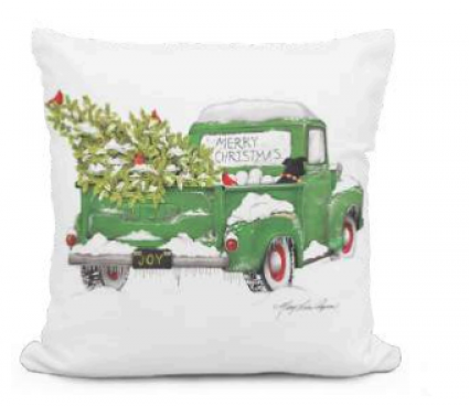 Green Truck with Christmas Tree in the Truck Bed Pillow