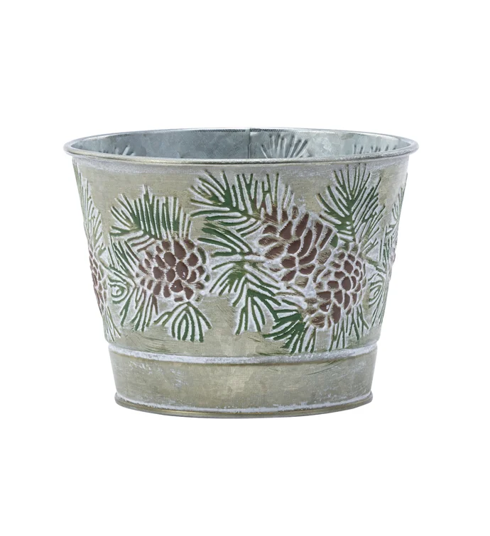 Tin Pot Cover with Embossed Pine Cones 