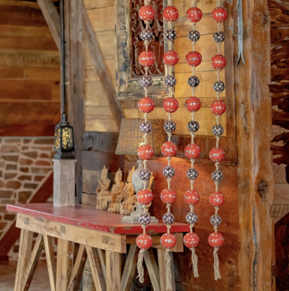 Long Porcelain Tsugo Ball Garland in Red, Light Blue, & Black "Ahma"