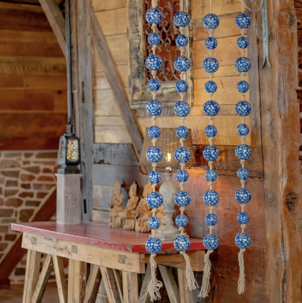 Long Porcelain Tsugo Ball Garland in Blue & Ivory "Aoki"