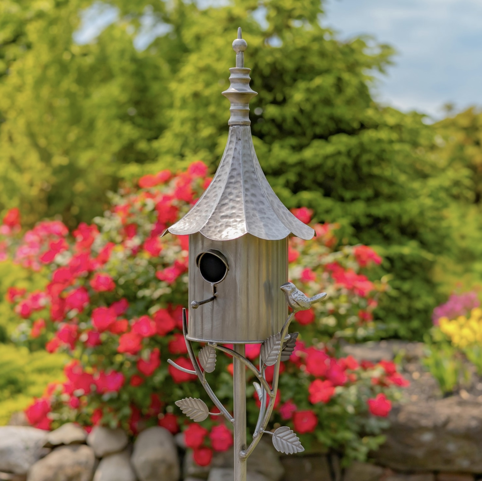 "Chelsea" Iron Birdhouse Stake in Antique Silver 