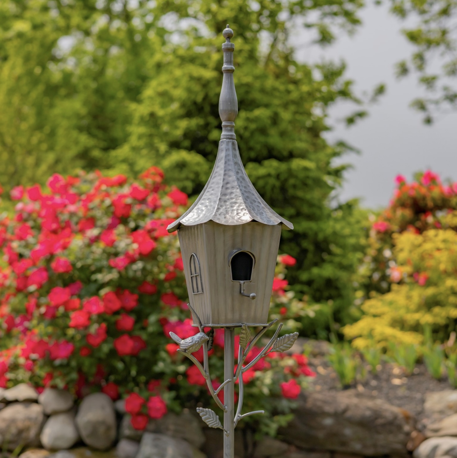 "Verona" 66" Tall Iron Birdhouse Stake in Antique Silver