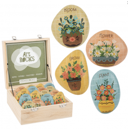 Flower Pot Art Rock in a Wood Display Box Assortment