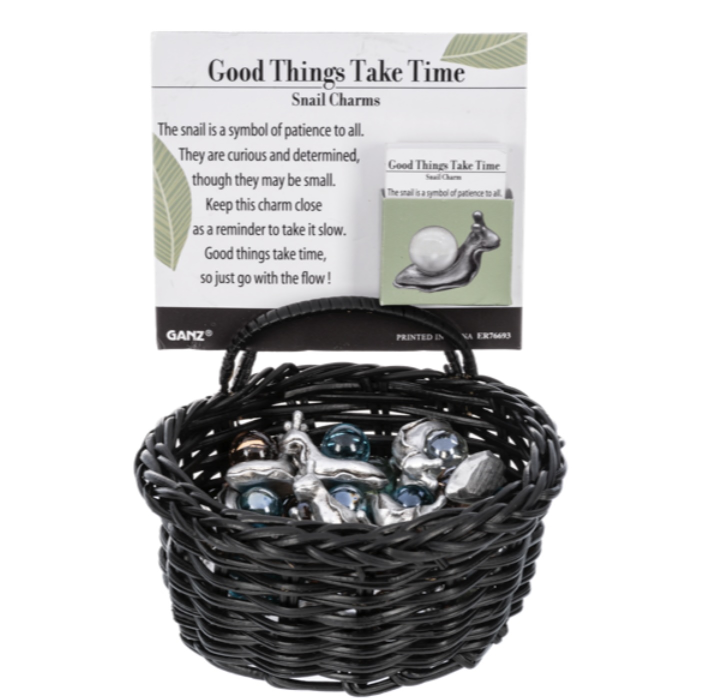 Good Things Take Time Snail Charms in a Basket 