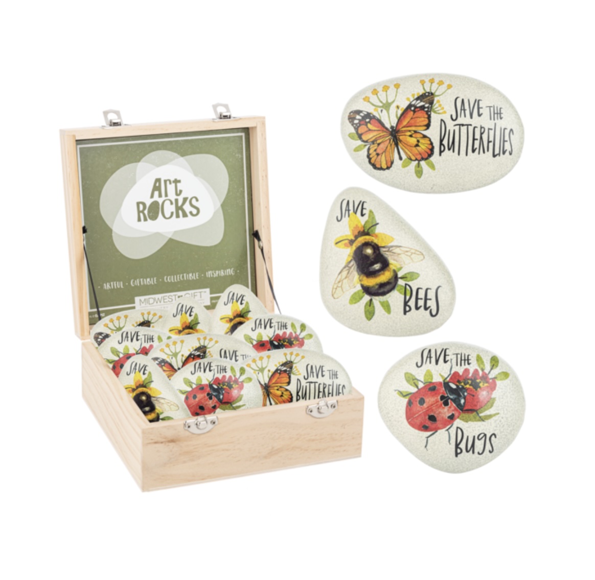 Bug with Message Art Rock in a Wood Display Box Assortment