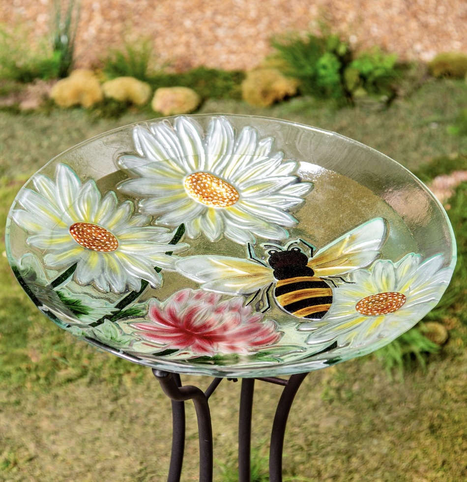 Hand Painted Daisies & Bee Glass Bird Bath 18"