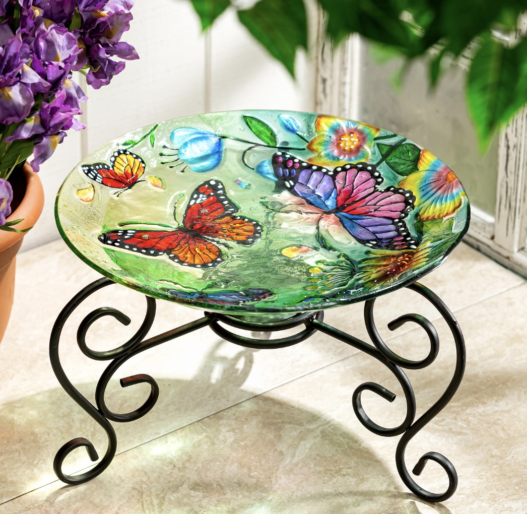 Butterfly Famly Glass Bird Bath 18"