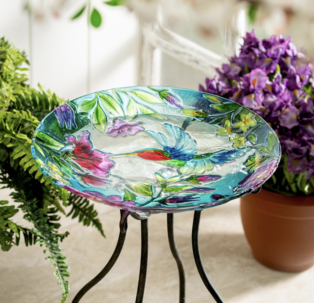 Glass Hummingbird Bird Bath 18"