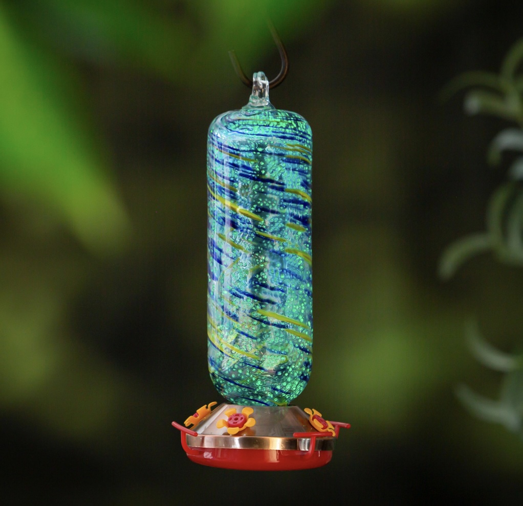 Blue Glass Hummingbird Feeder