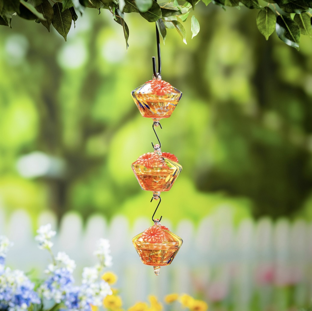 Red & Yellow Art Glass Hanging Chained Hummingbird Feeder