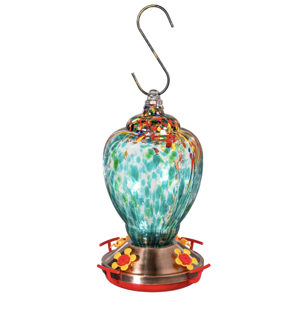 Blue Art Glass Shell Hummingbird Feeder