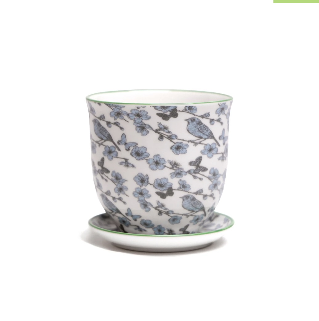 Blue Flowers Liberte Porcelain Pot And Saucer With Drainage