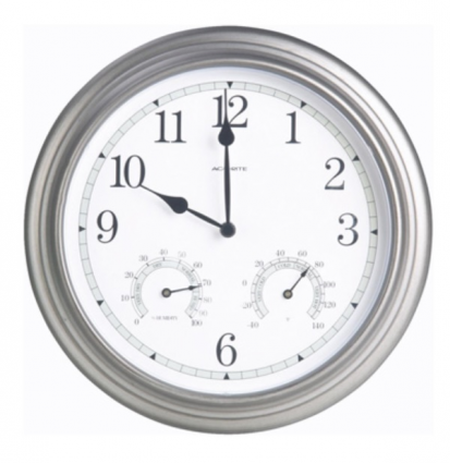 14" Pewter Clock with Thermometer and Hygrometer