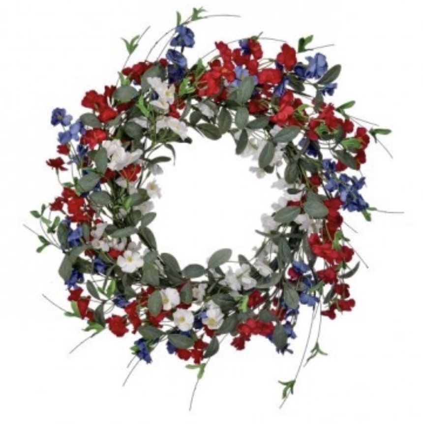 Patriotic Mini Red White and Blue Blossom Wreath 24"