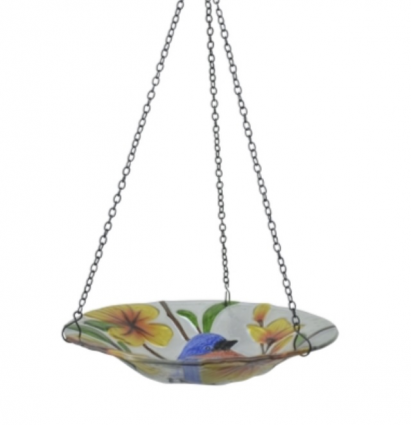 Blue Bird Hanging Glass Birdbath 