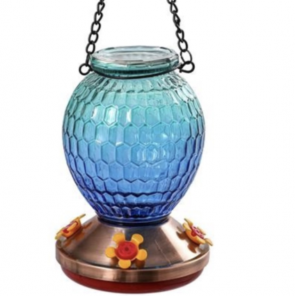 BLUE OMBRE GLASS HUMMINGBIRD FEEDER