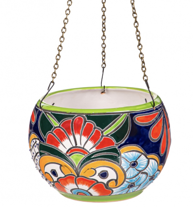 Green Rim Hanging Talavera Bowl Planter  9.5"