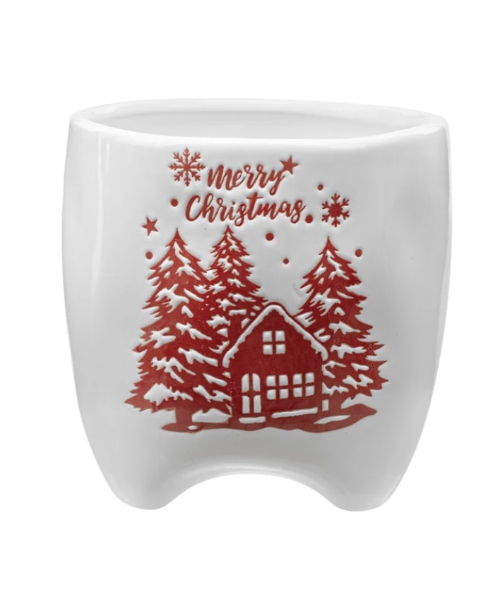 Red/White House/Tree Christmas Planter 4"
