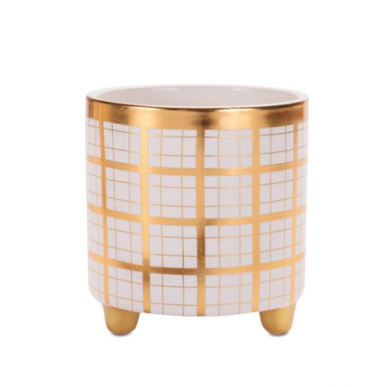POT, 4"D WHITE/GOLD PLAID