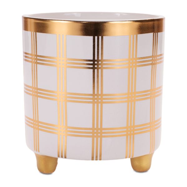 POT, 5.25"D WHITE/GOLD PLAID