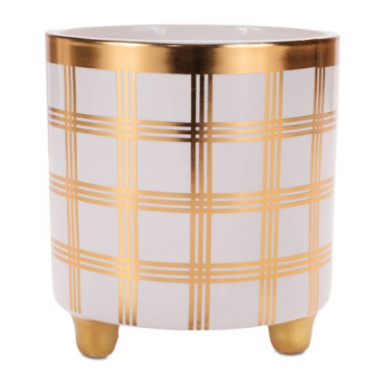 POT, 5.25"D WHITE/GOLD PLAID
