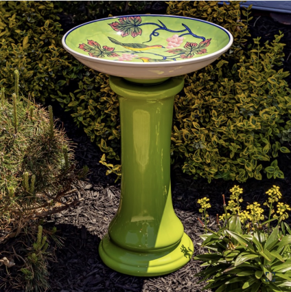 Tall Green Porcelain Birdbath with Hand Painted Birds & Grapes "Saguramo"  24"