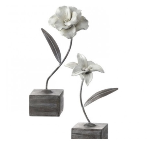 Cream Resin Lily with Metal Stem on a Wood Base 8" Tall