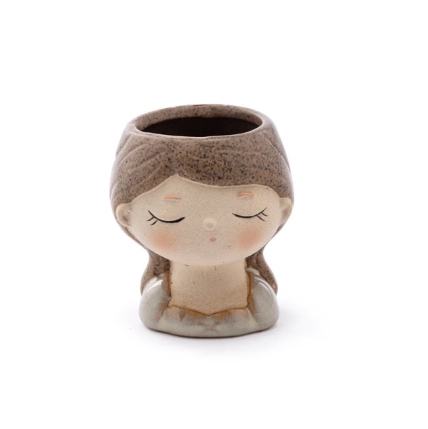 Brown Haired Girl Head Planter 3"H