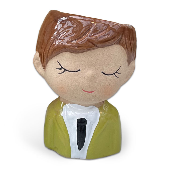 Green Jacket Man Head Planter. 4"H