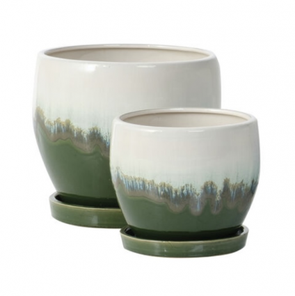 Nicola Green & White Petits Pots w/attached saucer 8.25"