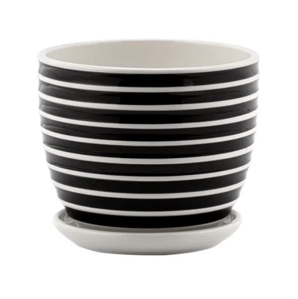 Sm Black/White Striped Pot w/Saucer  5.25"